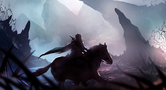 Warrior riding a horse through a rocky, misty landscape