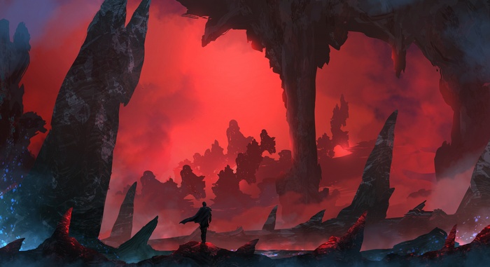 Fantasy warrior in a desolate, red-hued landscape