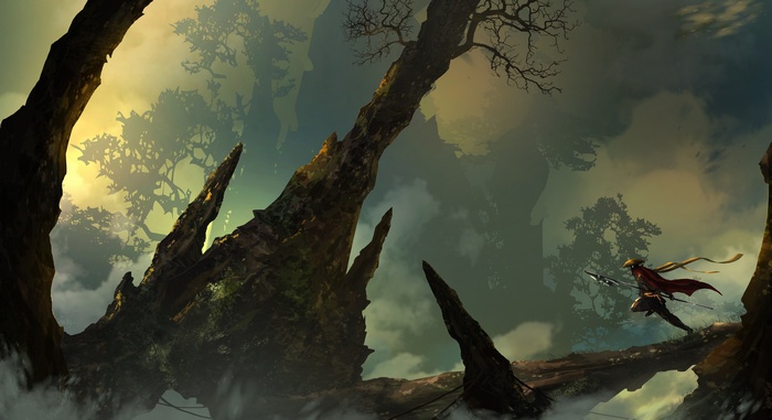 Fantasy warrior running across a bridge with spear