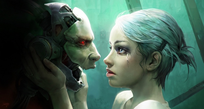 blue eyes, short hair, robot, fantasy art, Marc Brunet, white hair ...