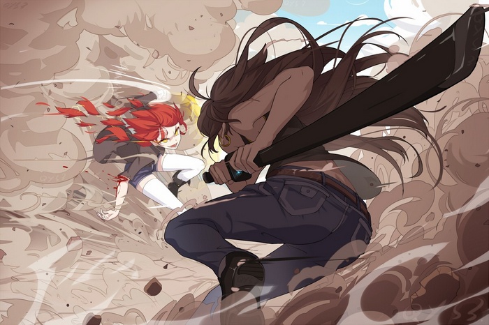 Anime girls fighting with swords in a dust storm