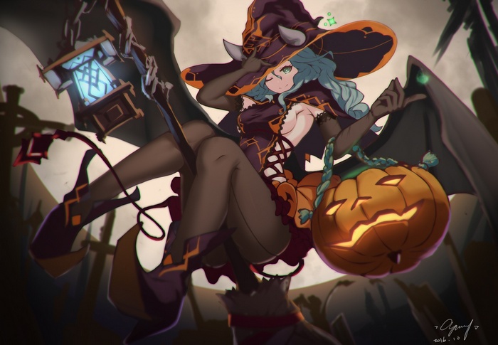 Witch with Pumpkin Lantern and Broom