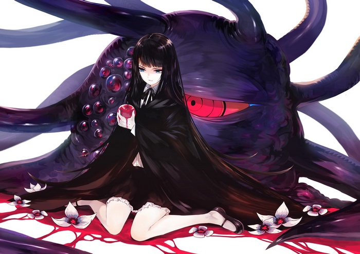 Girl in black dress holding an apple with a monster
