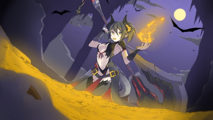 Demon girl with horns holding fire in a cave