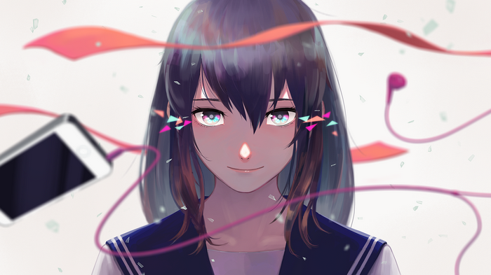 Girl with headphones and phone in school uniform