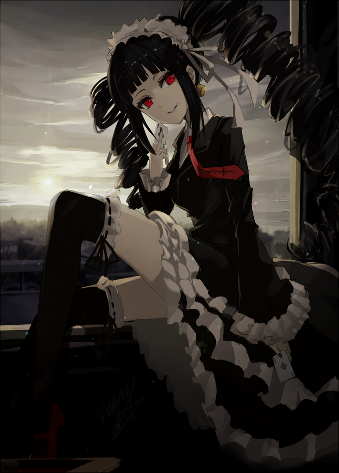 anime, red eyes, anime girls, black hair, long hair, Celestia Rudenberk, stockings, thigh-highs, cards