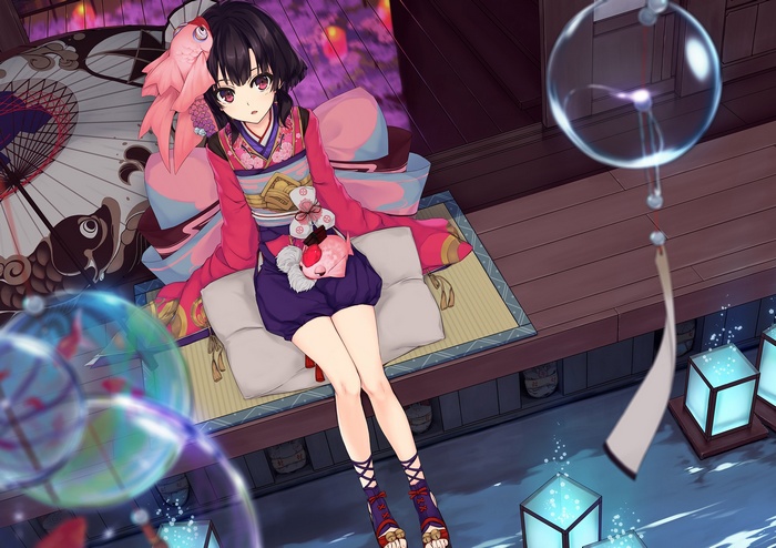Anime girl in kimono with goldfish umbrella