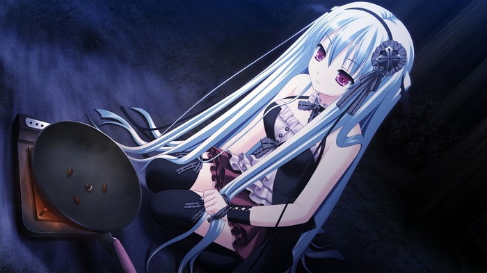 Anime girl with long blue hair and purple eyes cooking