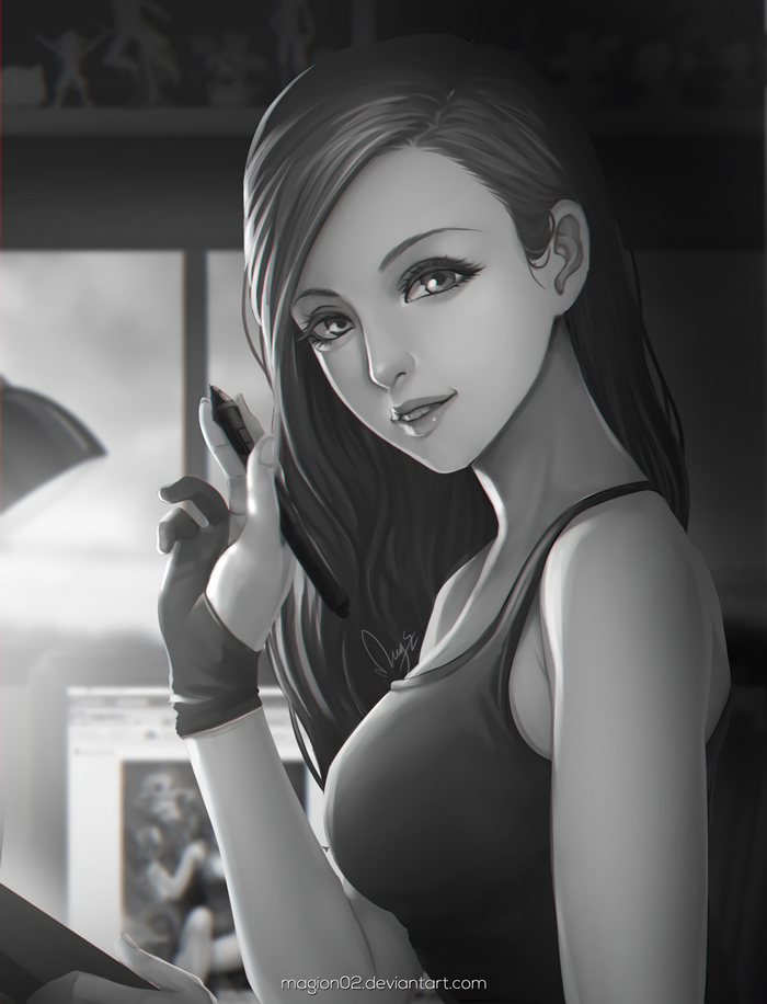 Anime girl with long hair holding a stylus