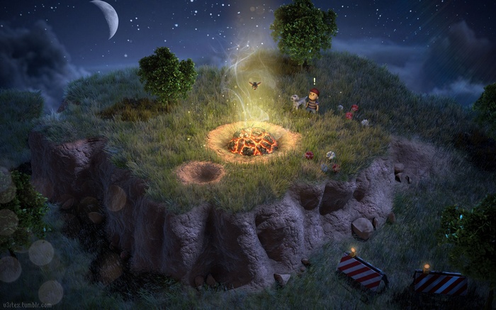 Earthbound scene with Ness and a dog at night