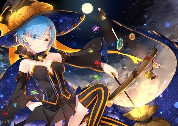 Rem (Re: Zero), witch, anime, short hair, stockings, weapon, open shirt, anime girls, blue eyes, Re:Zero Kara Hajimeru Isekai Seikatsu, thigh-highs, blue hair, cleavage, Halloween