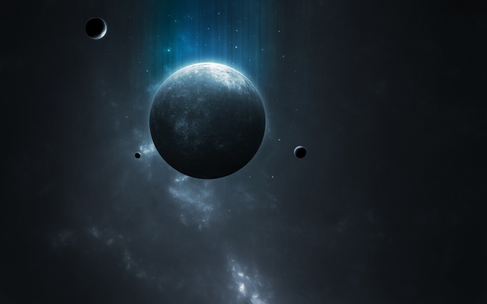 Planets and moons in deep space with nebula