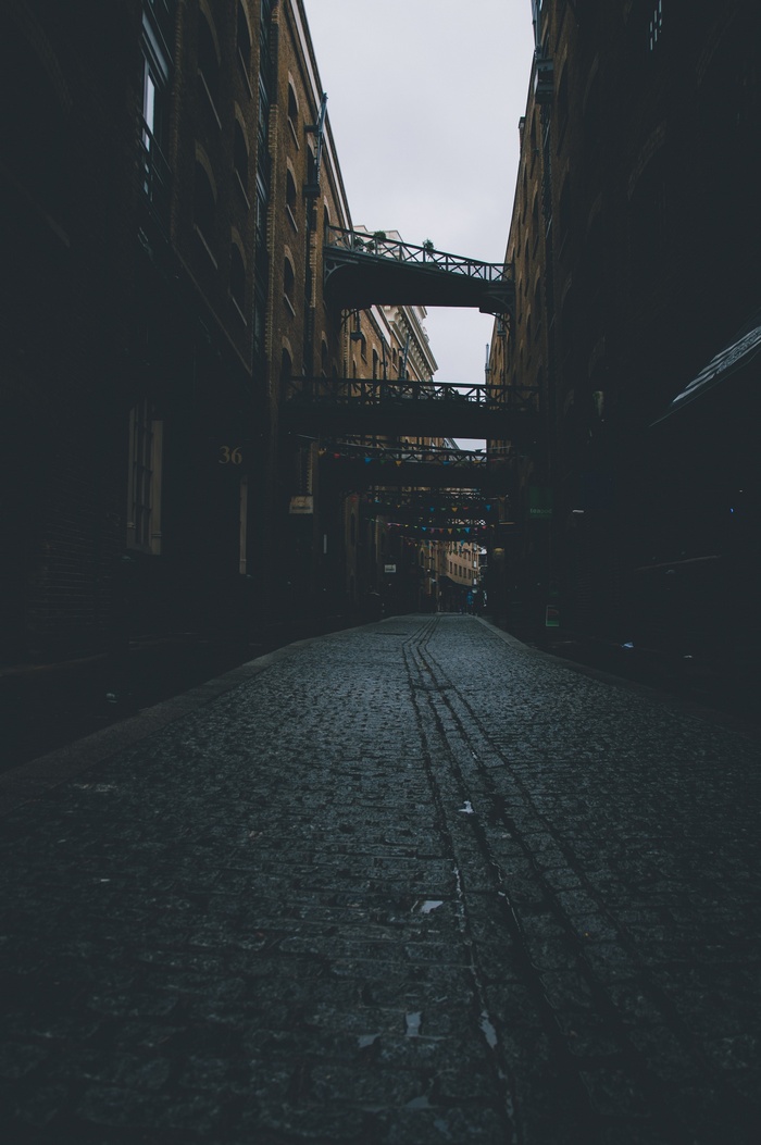 Cobblestone alley with bridges between buildings