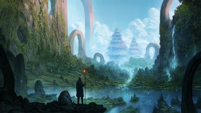 Fantasy art of a person with a staff by a river