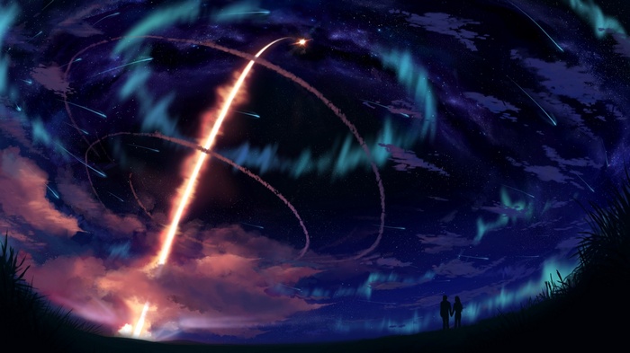 A rocket launch streaks across a starry night sky with aurora