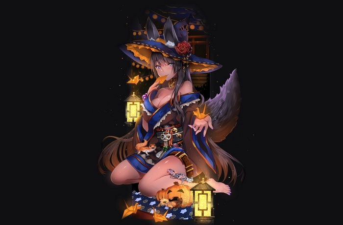 collars, long hair, blushing, rose, fox girl, witch hat, tail, flowers, witch, black hair, barefoot, pumpkin, Halloween, cleavage