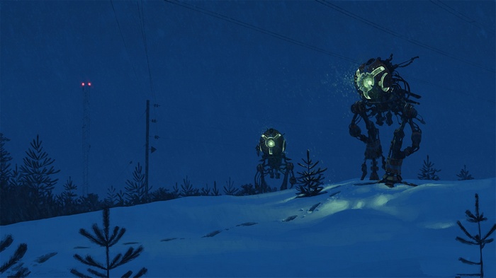Simon Stålenhag robots in a snowy landscape
