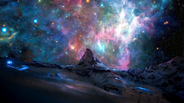 Snowy mountains under a colorful nebula and starry sky