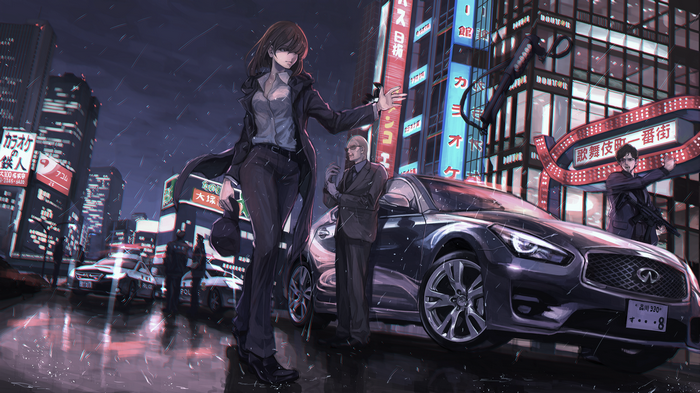 Anime characters in a rainy Tokyo street with guns