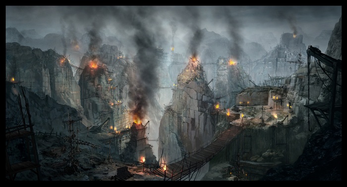 Hunted: The Demons Forge concept art of a mining settlement