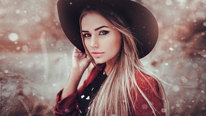 Hat Straight Hair Portrait Maria Puchnina Looking At Viewer Blonde