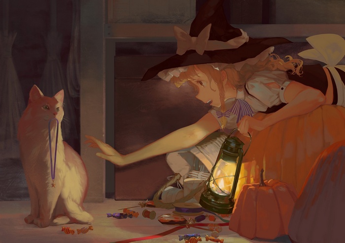 Kirisame Marisa and a cat with candies