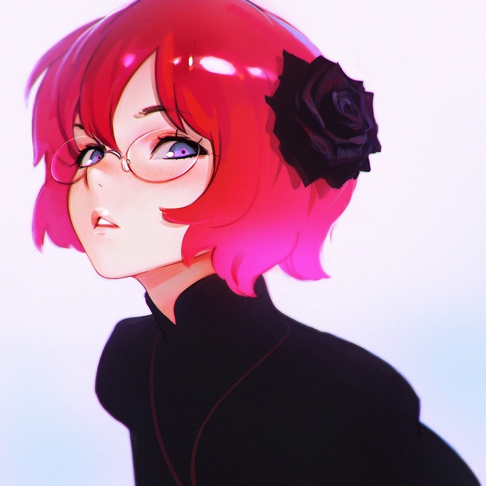 Ilya Kuvshinov anime girl with red hair and glasses