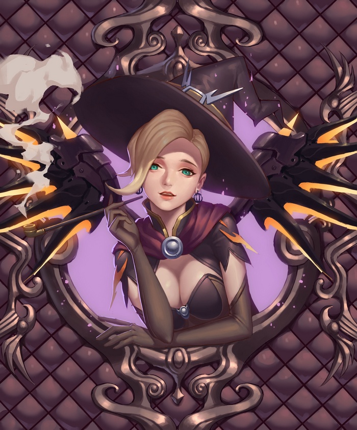 Mercy in a witch costume with wings