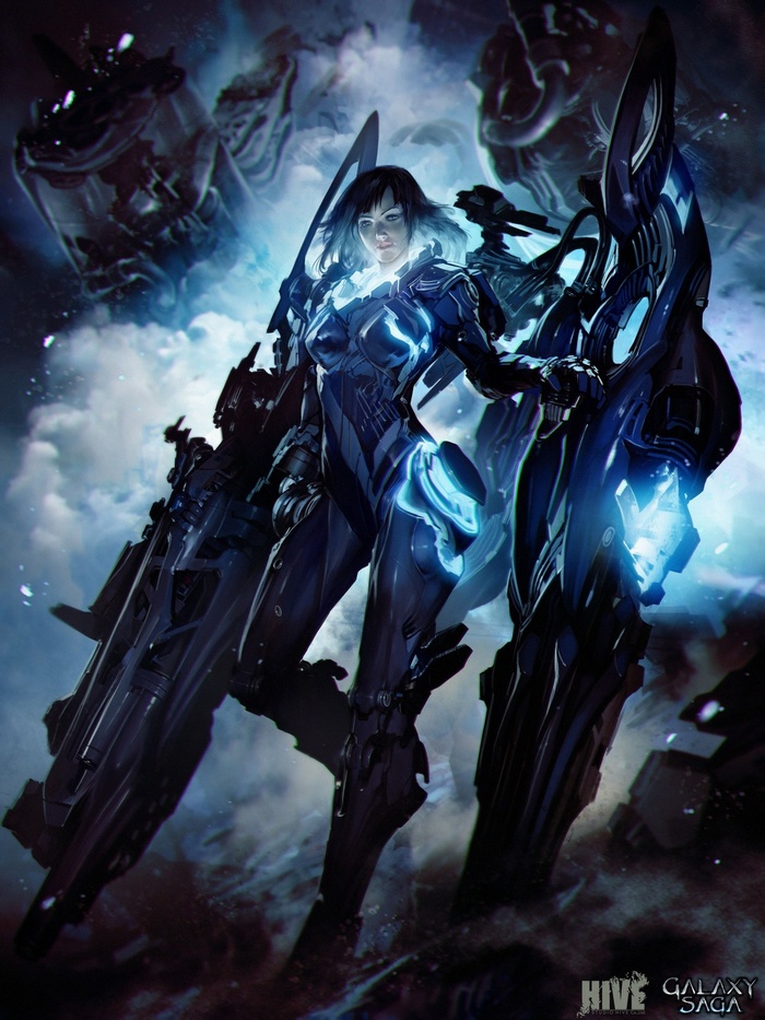 Woman in futuristic armor with large weapons in Galaxy Saga