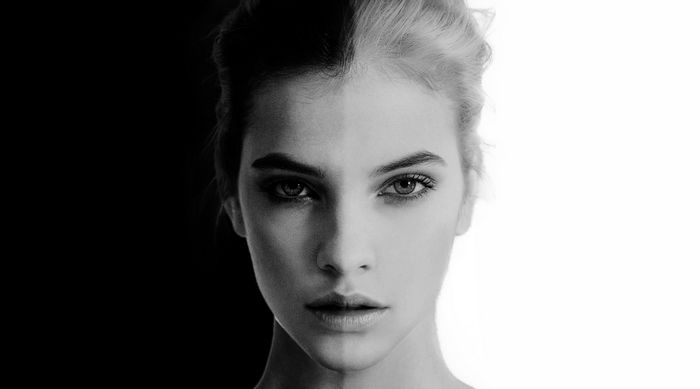 Monochrome portrait of Barbara Palvin with split lighting