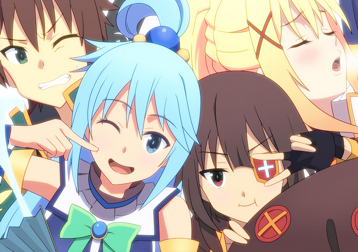 Darkness (KonoSuba), Megumin, Kono Subarashii Sekai ni Shukufuku wo!, Satō Kazuma (Kono Subarashii Sekai ni Shukufuku wo!), anime, Aqua (KonoSuba)