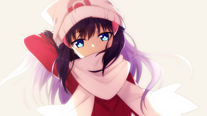 Dawn from Pokémon wearing a winter hat and scarf