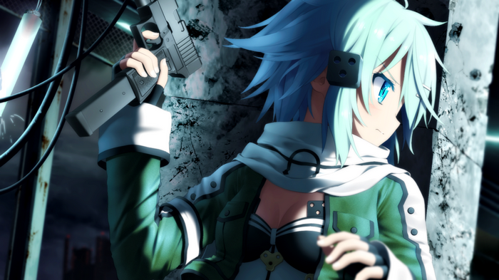 Asada Shino holding a gun in Sword Art Online