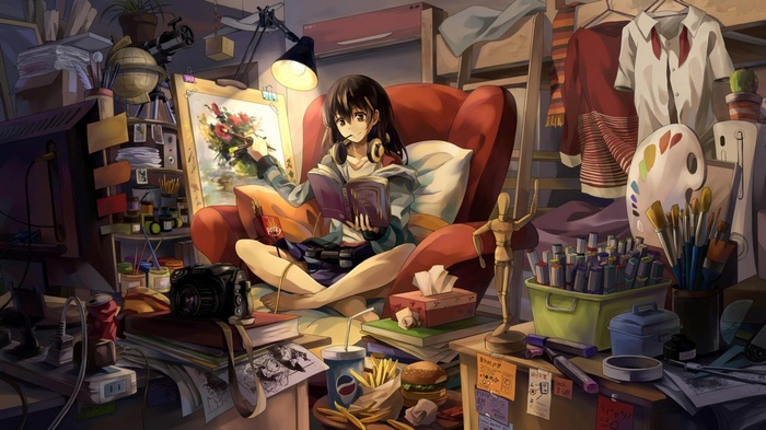 Anime girl painting and reading in a messy room