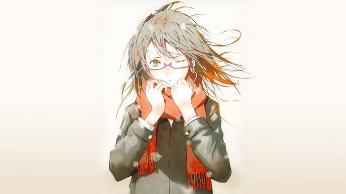 Anime girl with glasses and scarf in snow
