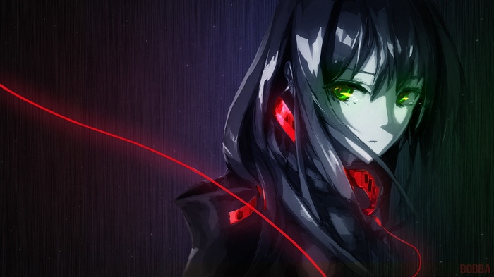 Anime girl with headphones and red accents