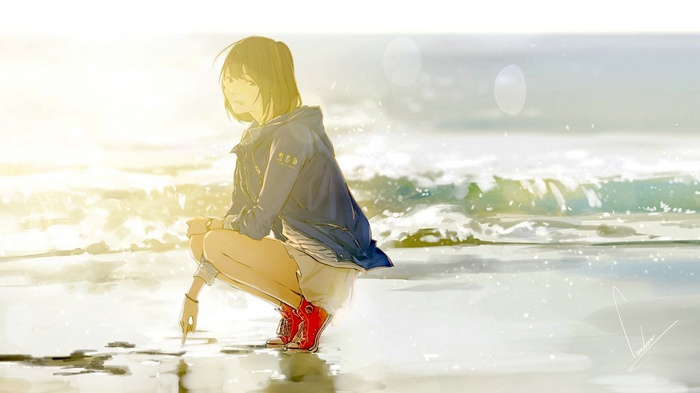 Anime girl drawing in the sand at the beach