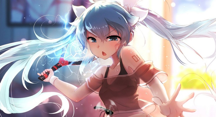 Hatsune Miku with lightning tennis racket