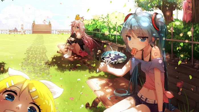 Hatsune Miku, Megurine Luka, and Kagamine Rin in a park