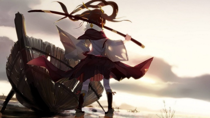 Anime girl with staff near a broken boat