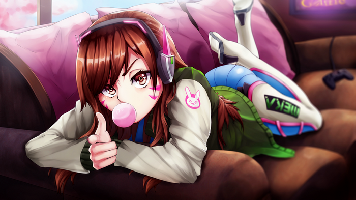 D.Va from Overwatch blowing bubblegum on a couch