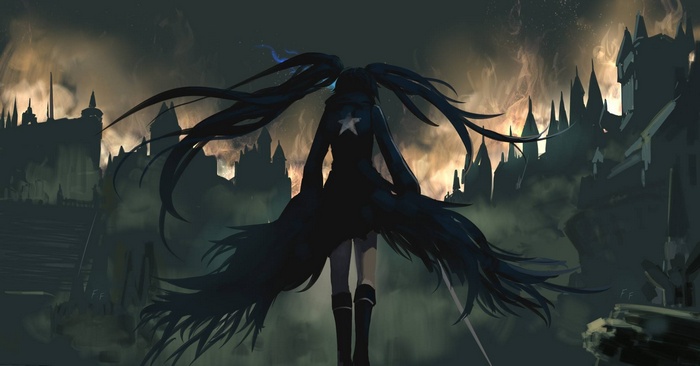 Black Rock Shooter in a dark, ruined city