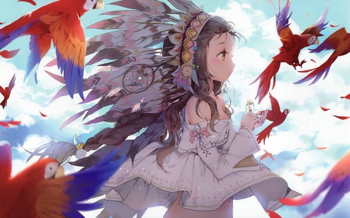 Girl with headdress and macaws in the sky