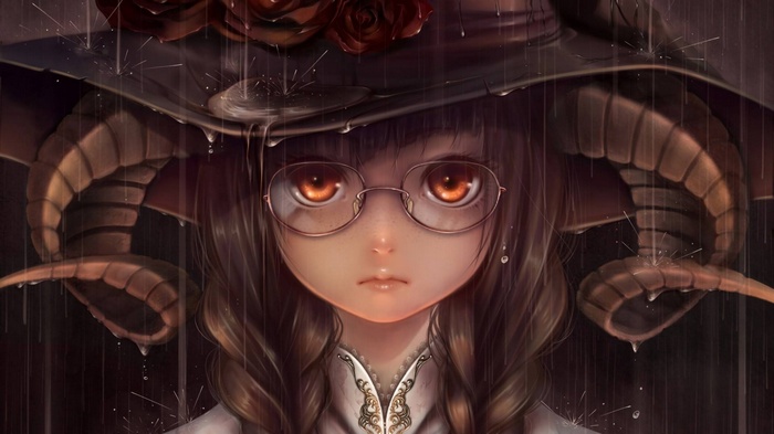 Anime witch with horns and glasses in the rain
