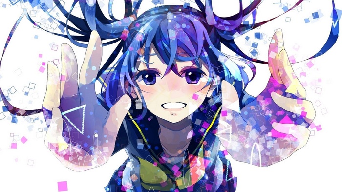Anime girl with blue hair and geometric patterns