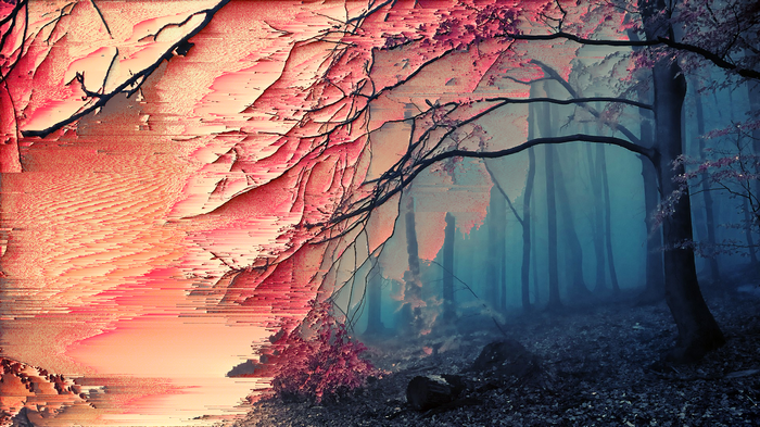 Glitch art forest with sakura trees