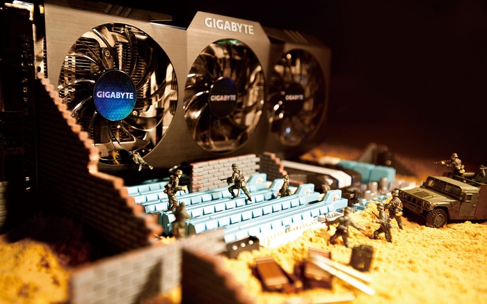 Gigabyte graphics card with toy soldiers and Hummer H1