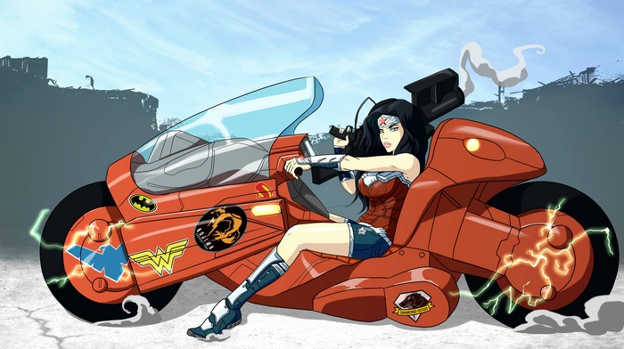 Wonder Woman on a futuristic motorcycle