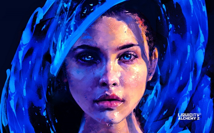 Digital art portrait of a woman with blue liquid elements
