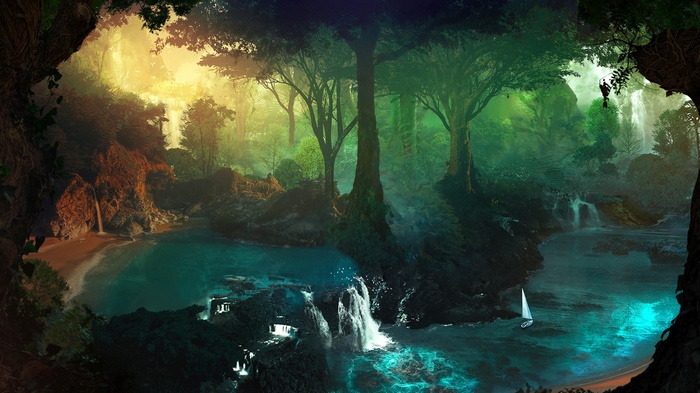 Magical forest with waterfalls and a sailboat